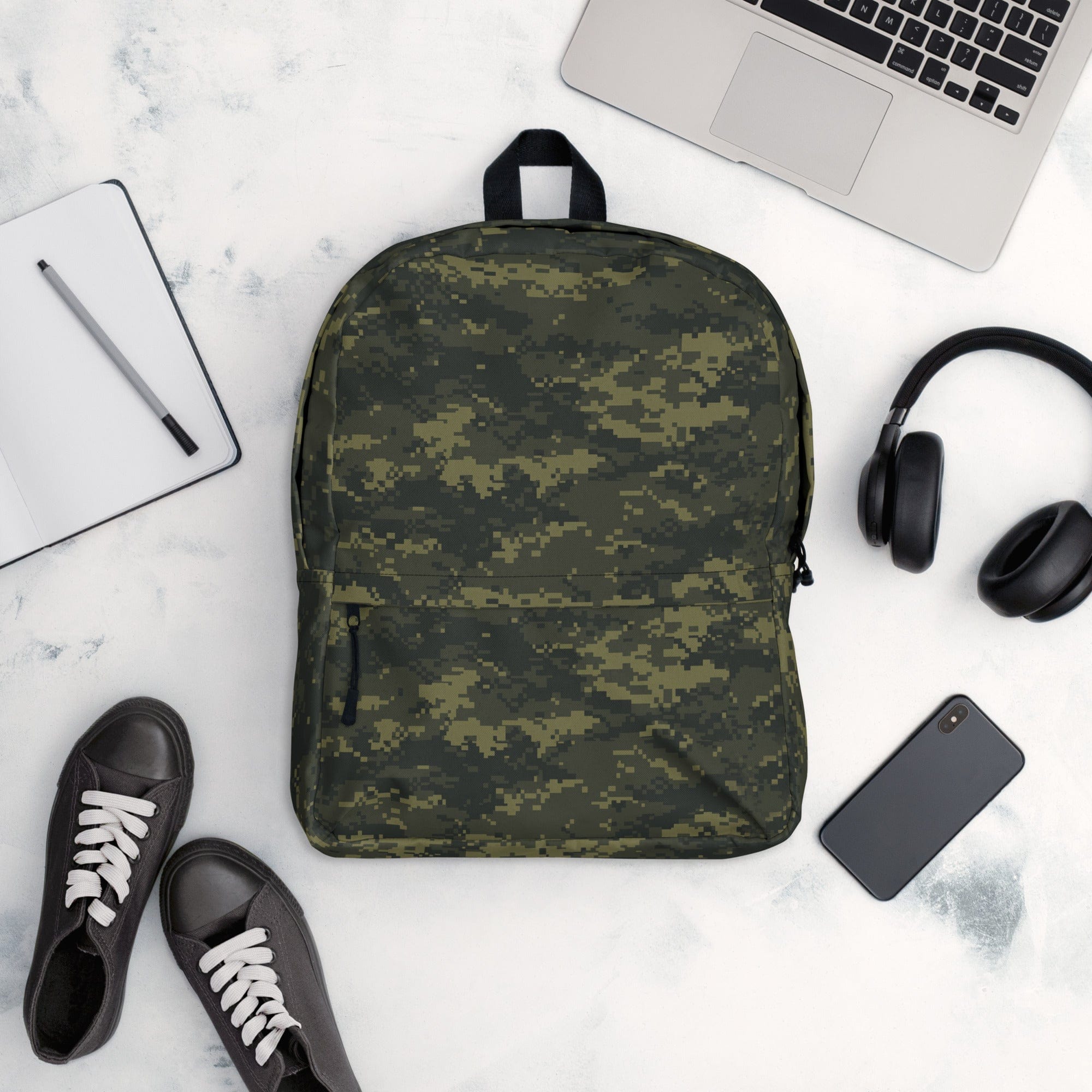 Digital camouflage backpack with top handle and front zipper pocket, olive-green.