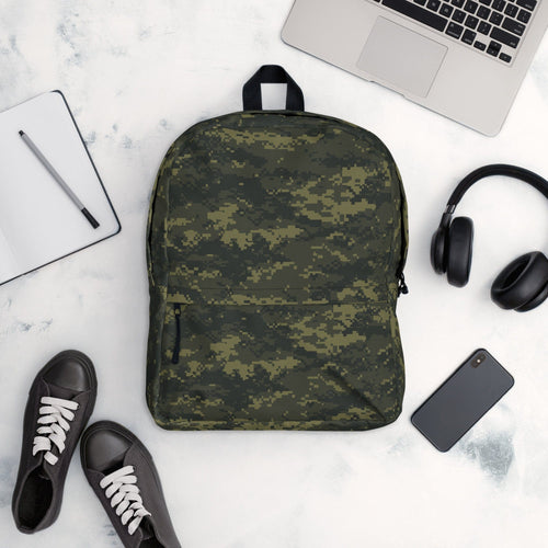 Digital camouflage backpack with top handle and front zipper pocket, olive-green.