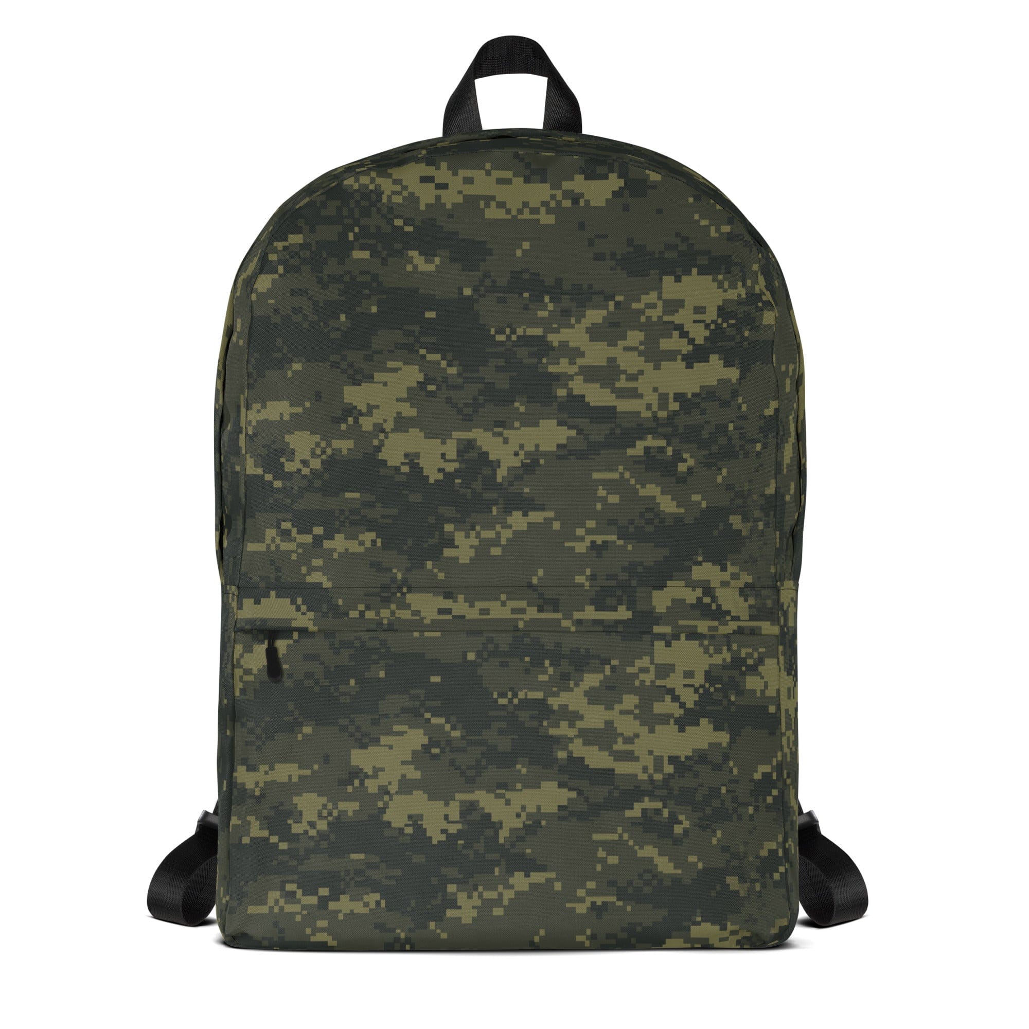 Digital camouflage backpack with top handle, front zipper pocket, and padded side panels.