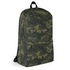 Camouflage backpack with front zip pocket and top handle