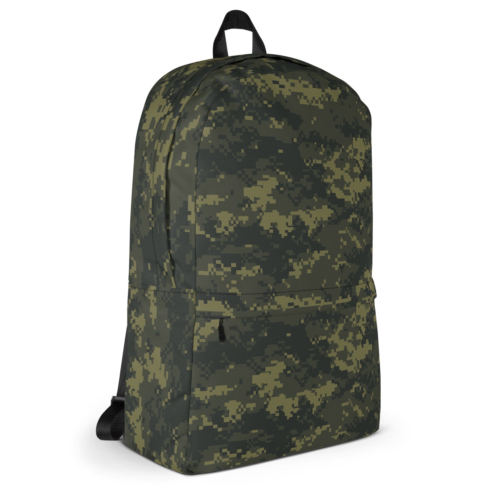 Camouflage backpack with front zip pocket and top handle