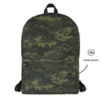 Digital camouflage backpack with front panel and visible interior pocket area.