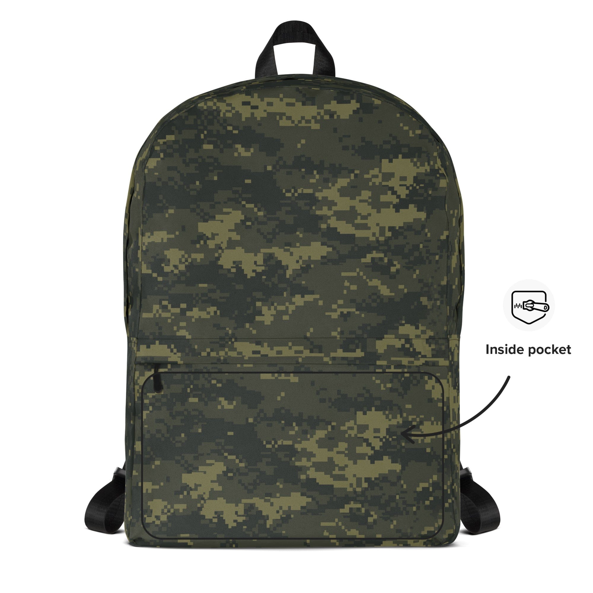Digital camouflage backpack with front panel and visible interior pocket area.