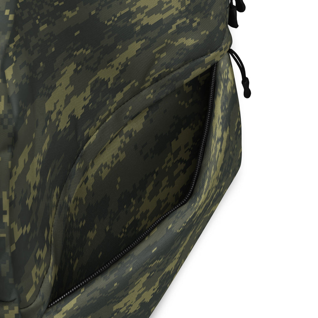 Camouflage backpack side zip pocket with textured fabric panel