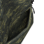 Camouflage backpack side zip pocket with textured fabric panel