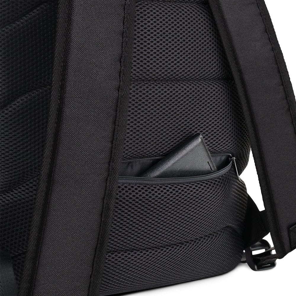 Black mesh-lined backpack pocket with zipper and inner divider