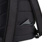 Black mesh-lined backpack pocket with zipper and inner divider