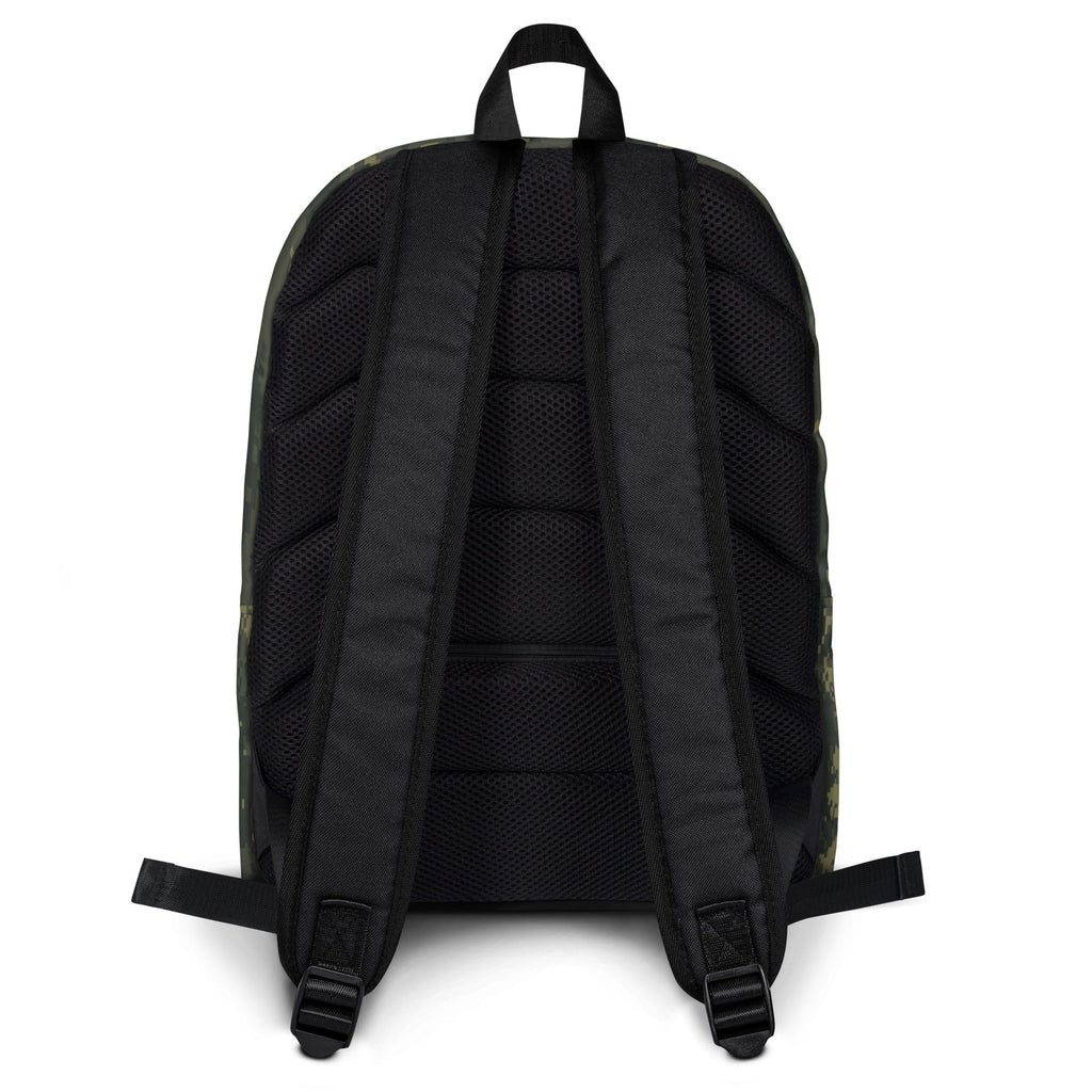 Black mesh-back backpack with two shoulder straps and padded back panel.
