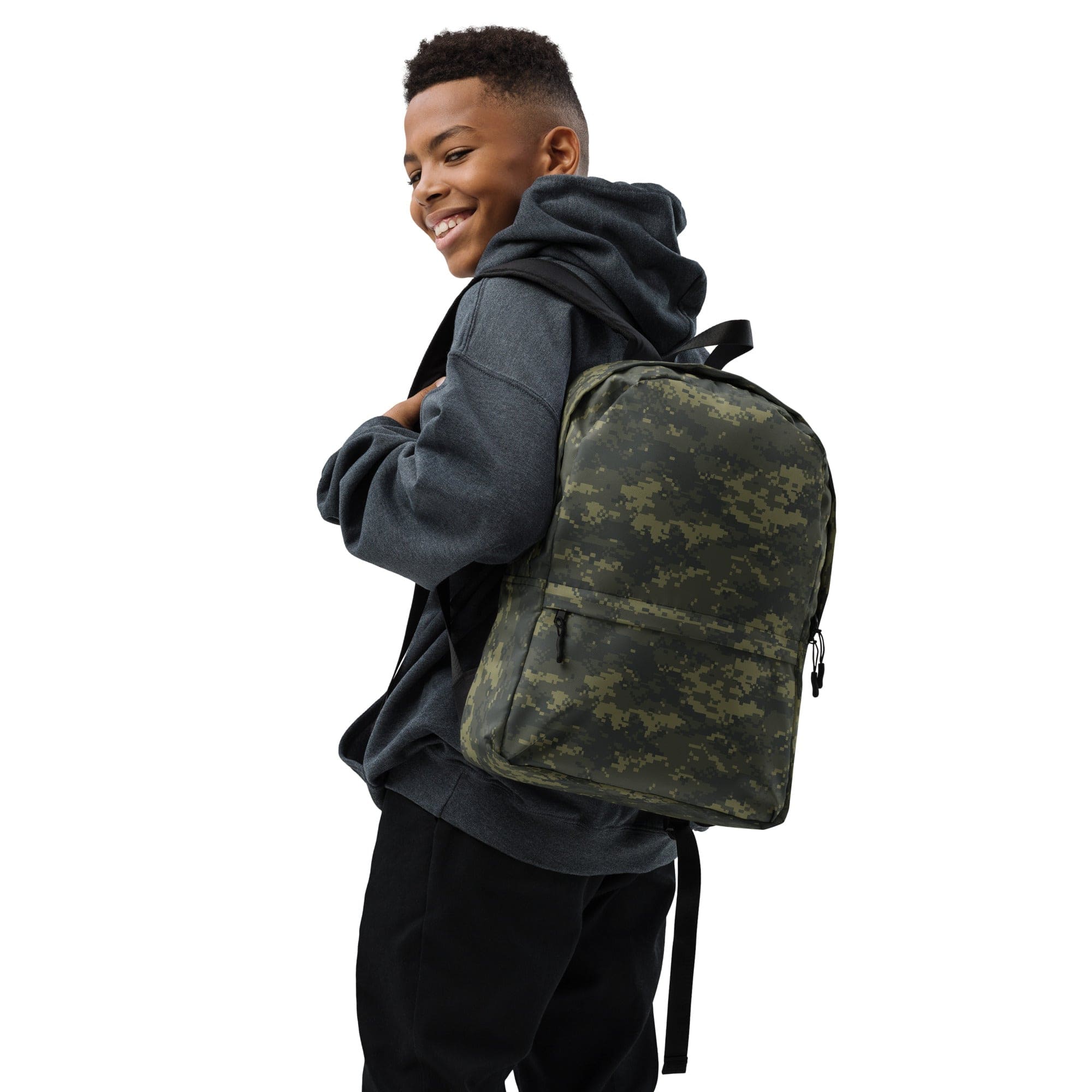 Camouflage backpack worn by person, adjustable shoulder straps visible