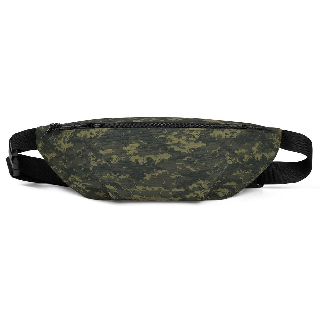 Camouflage belt bag with black strap and wide zippered main compartment