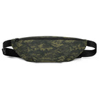 Camouflage belt bag with black strap and wide zippered main compartment