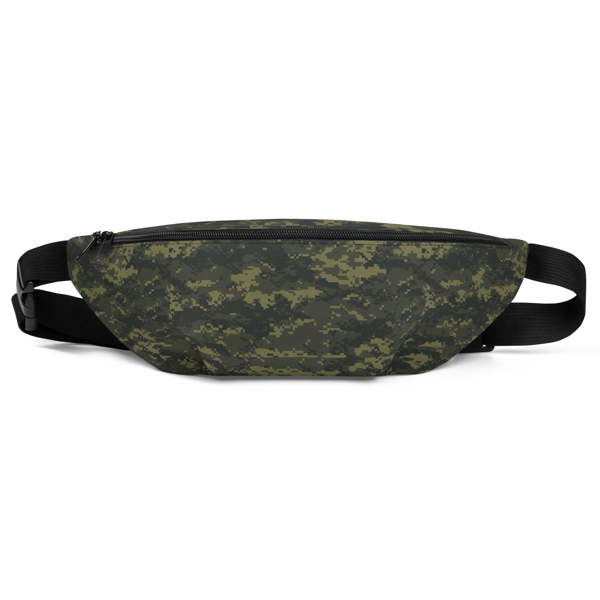 Camouflage belt bag with black strap and wide zippered main compartment