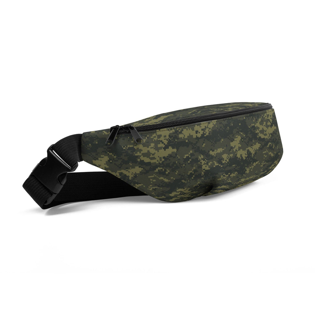Camouflage belt bag with black strap and zippered pocket, side profile