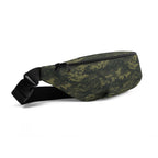 Camouflage belt bag with black strap and zippered pocket, side profile