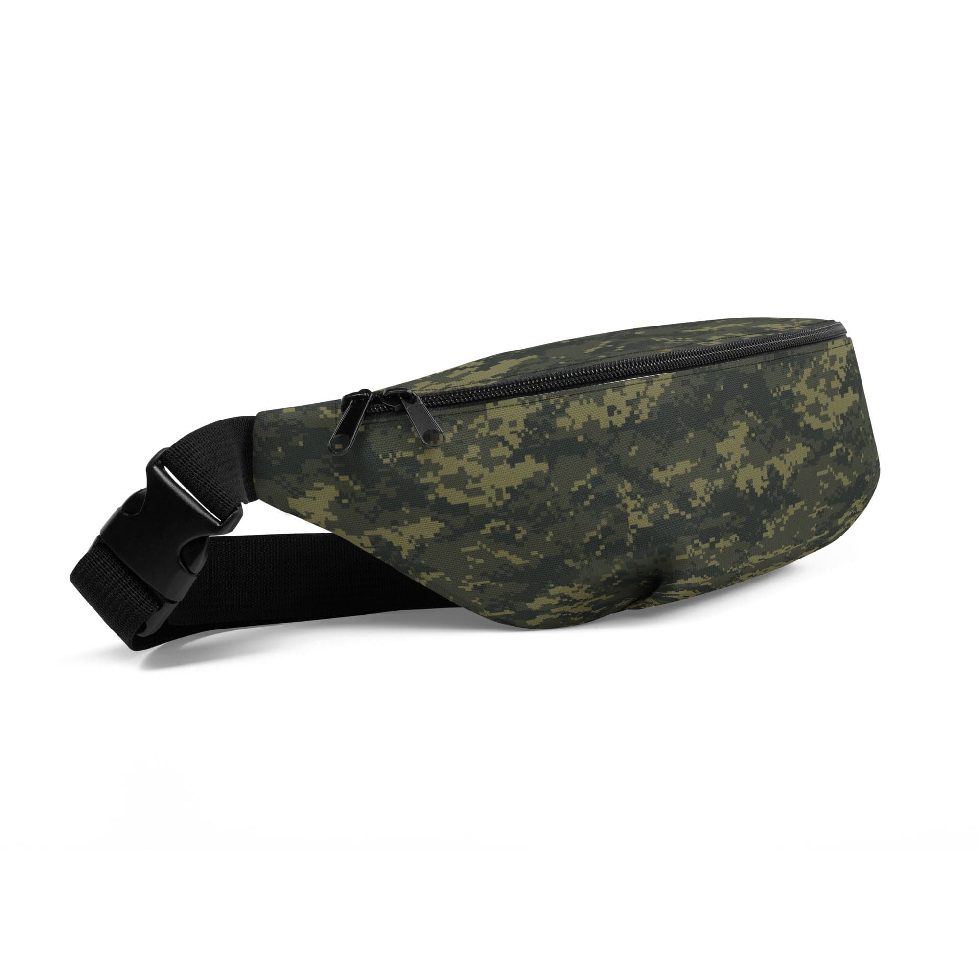 Camouflage belt bag with black strap and zippered pocket, side profile