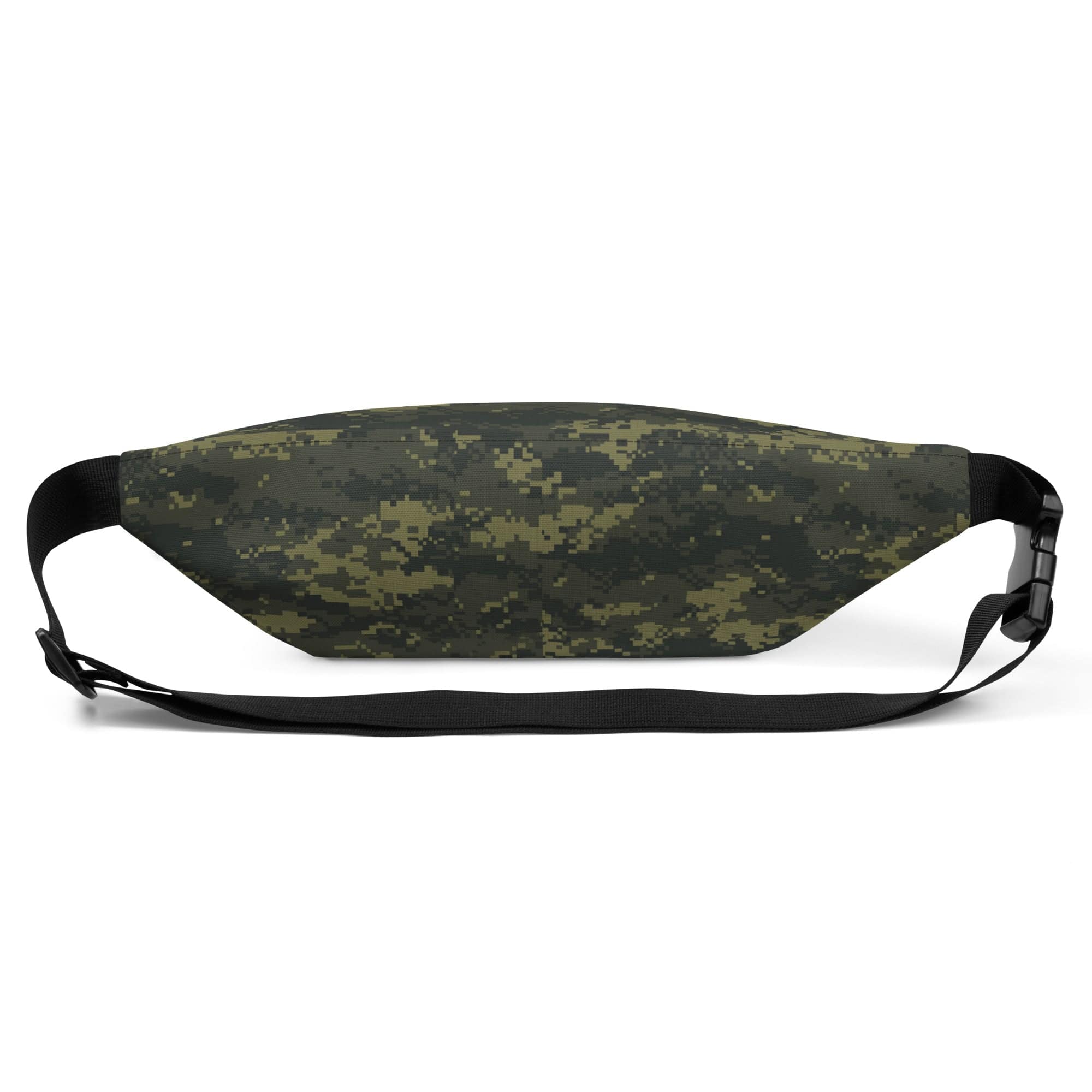 Camouflage fanny pack with black adjustable shoulder strap