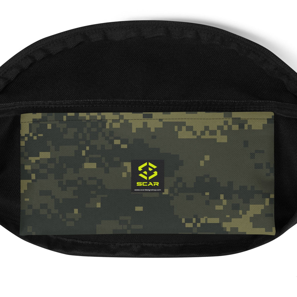 Camouflage fanny pack front panel with logo patch and black zip opening