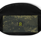 Camouflage fanny pack front panel with logo patch and black zip opening