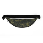 Camouflage fanny pack with black adjustable strap and zippered front pocket