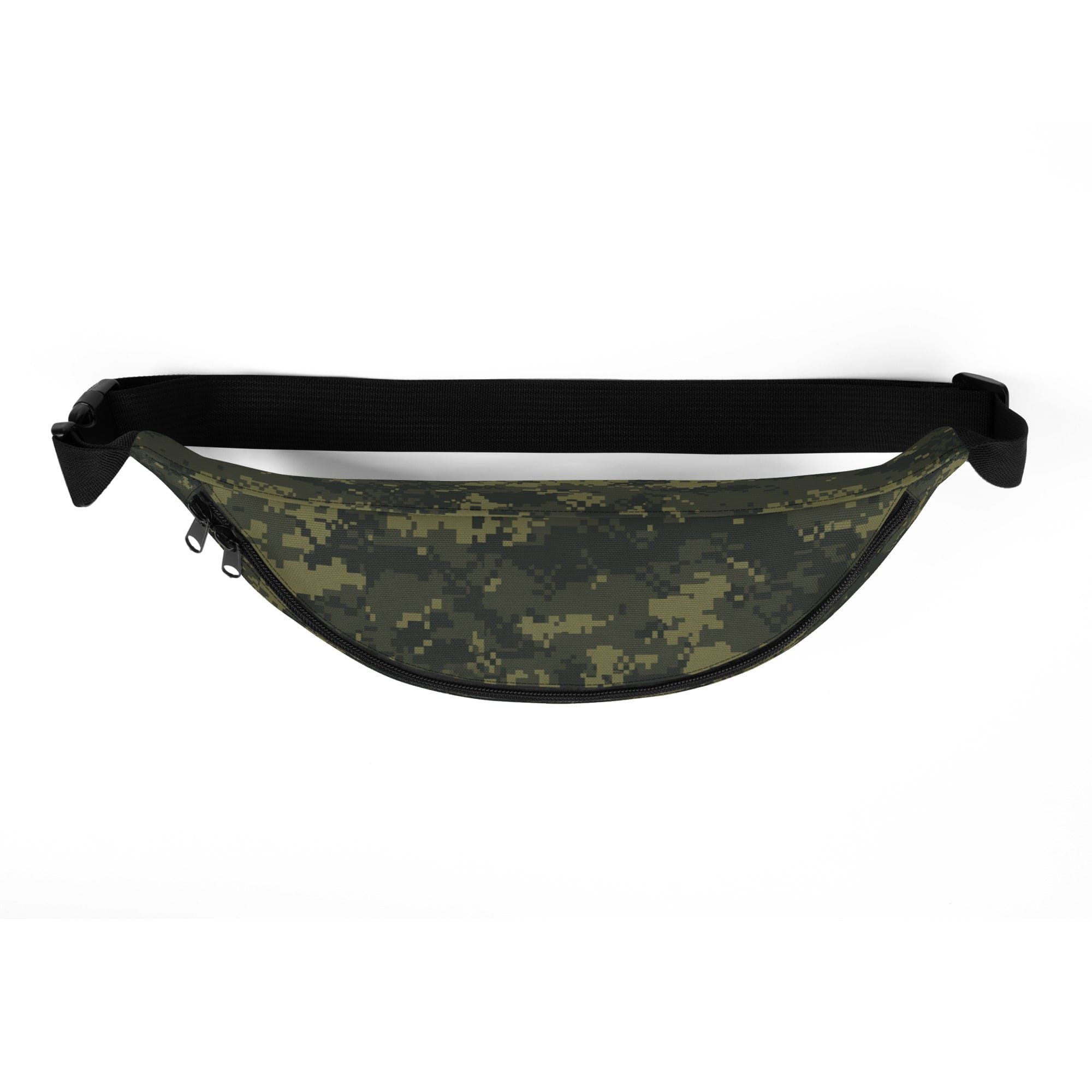 Camouflage fanny pack with black adjustable strap and zippered front pocket