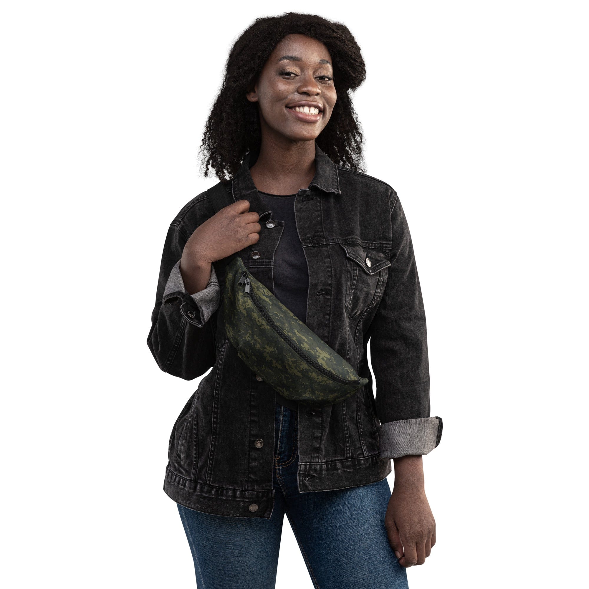 Camouflage waist bag with black strap and zippered pocket held at chest