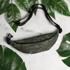 Camouflage waist fanny pack with black adjustable strap and zippered front pocket