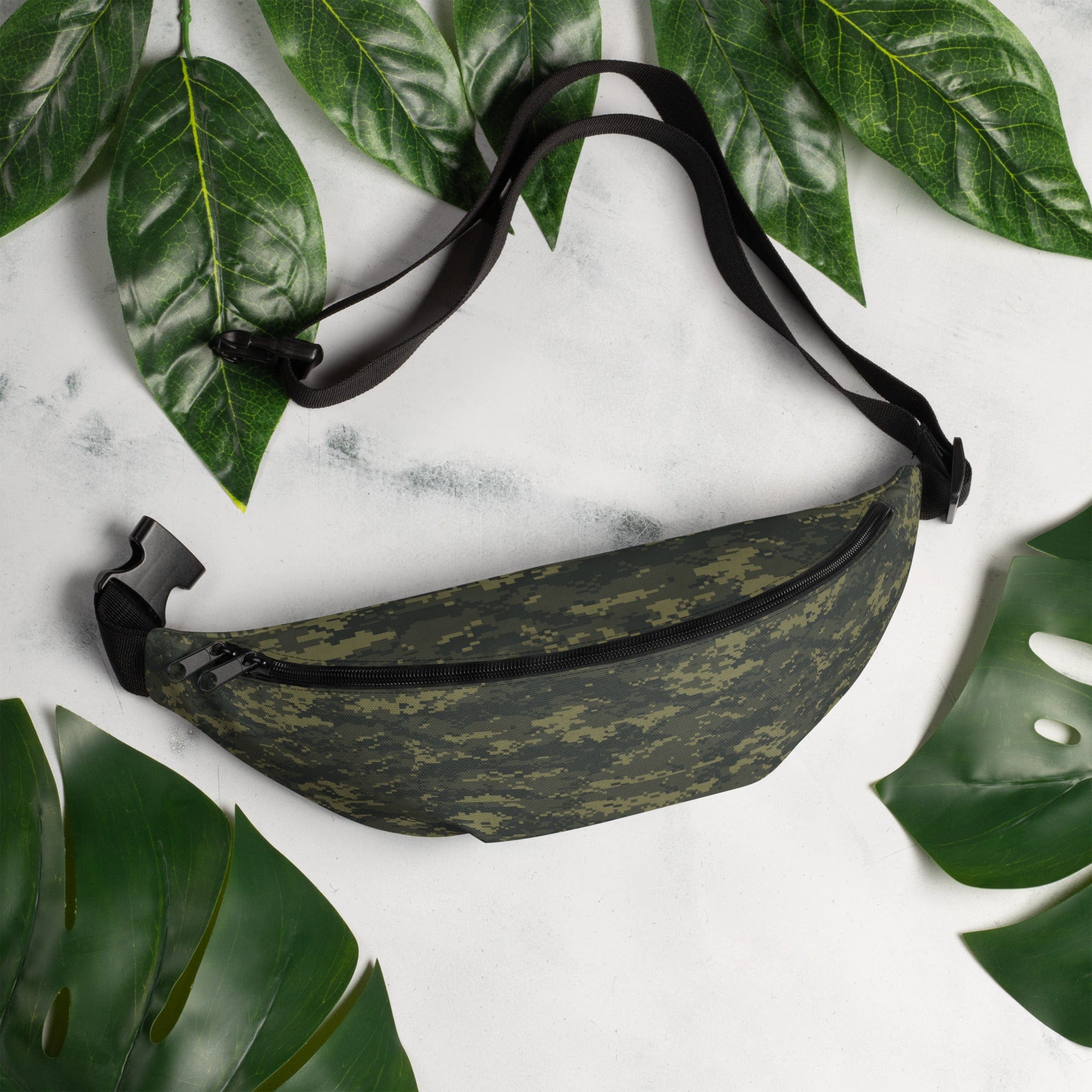 Camouflage waist fanny pack with black adjustable strap and zippered front pocket
