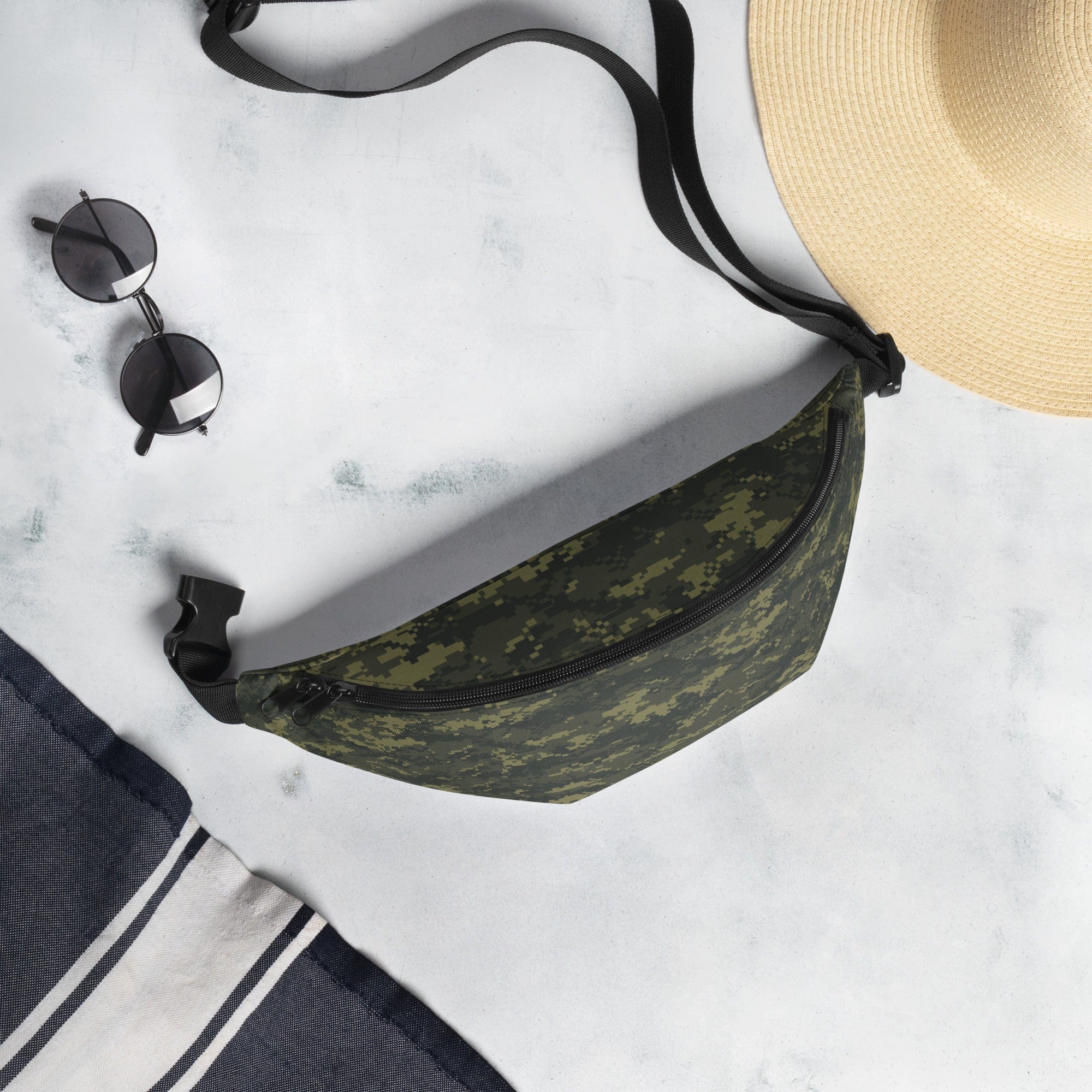 Camouflage waist bag with black adjustable strap and zippered front pocket