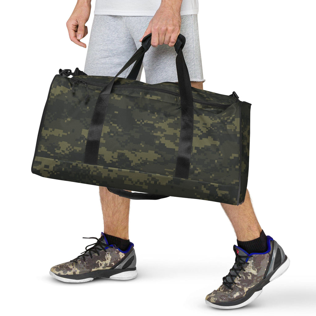 Digital camo duffle bag with black handles and shoulder strap, long zipper opening