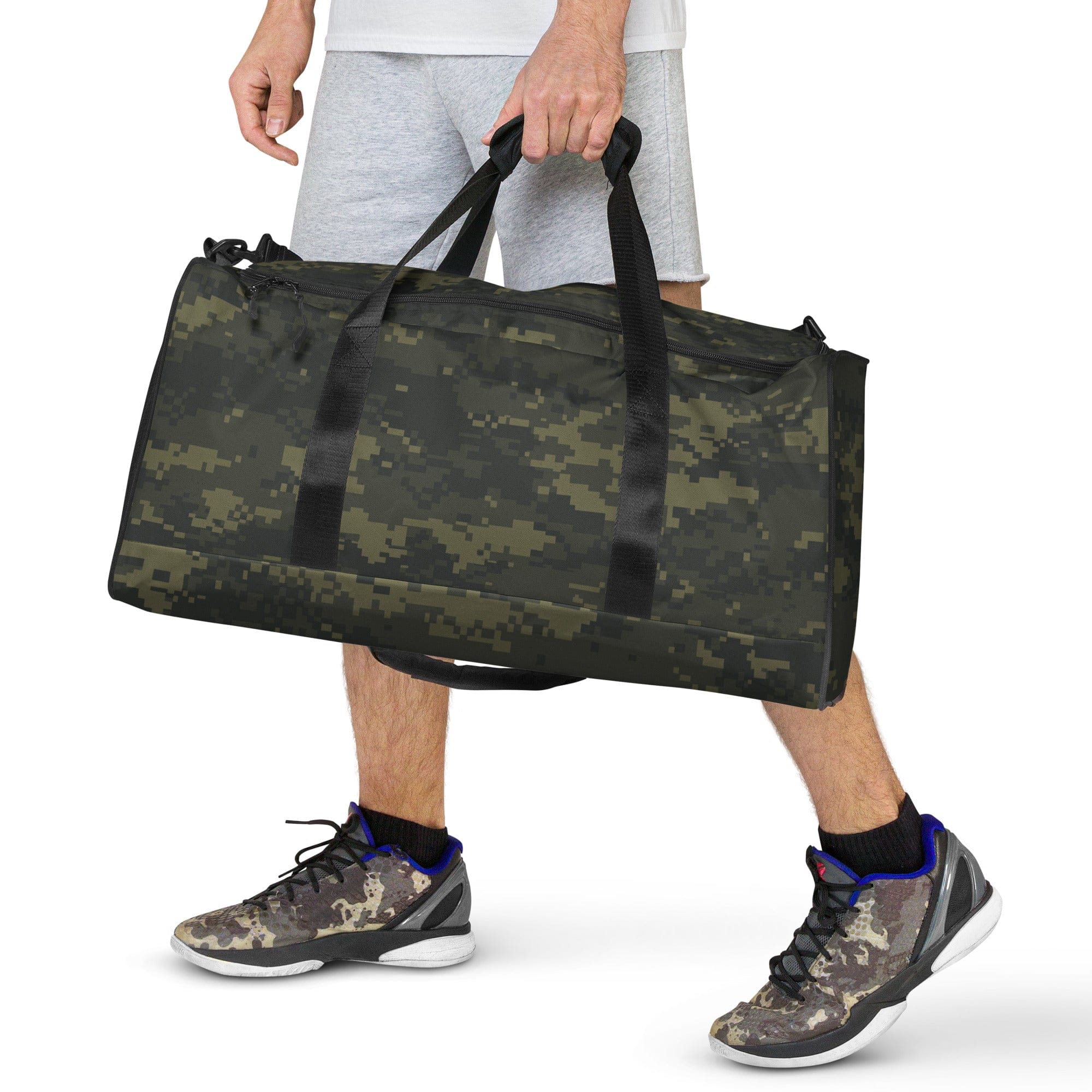 Digital camo duffle bag with black handles and shoulder strap, long zipper opening