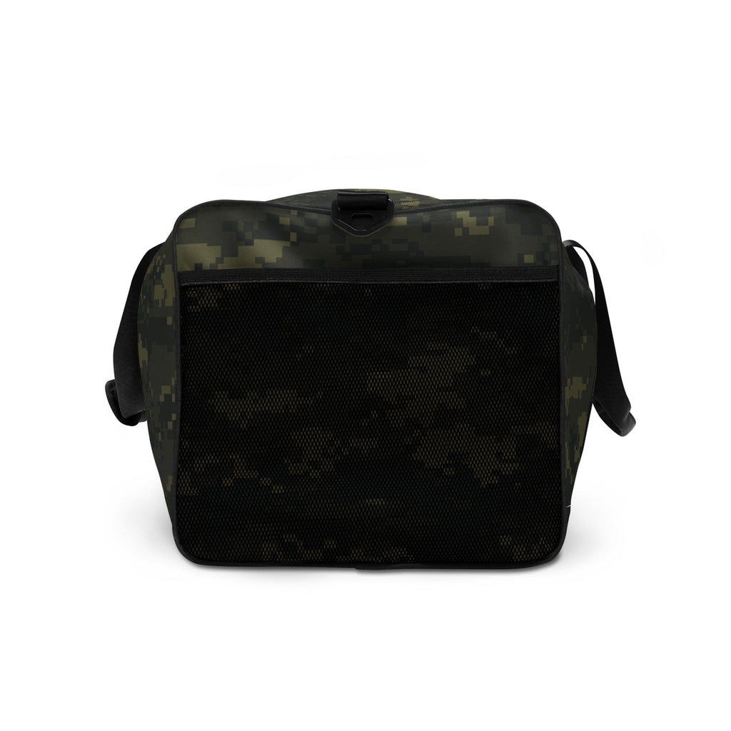Camo duffle bag with black mesh front panel, zipper top and side carry straps