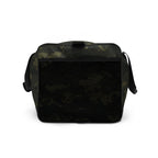 Camo duffle bag with black mesh front panel, zipper top and side carry straps