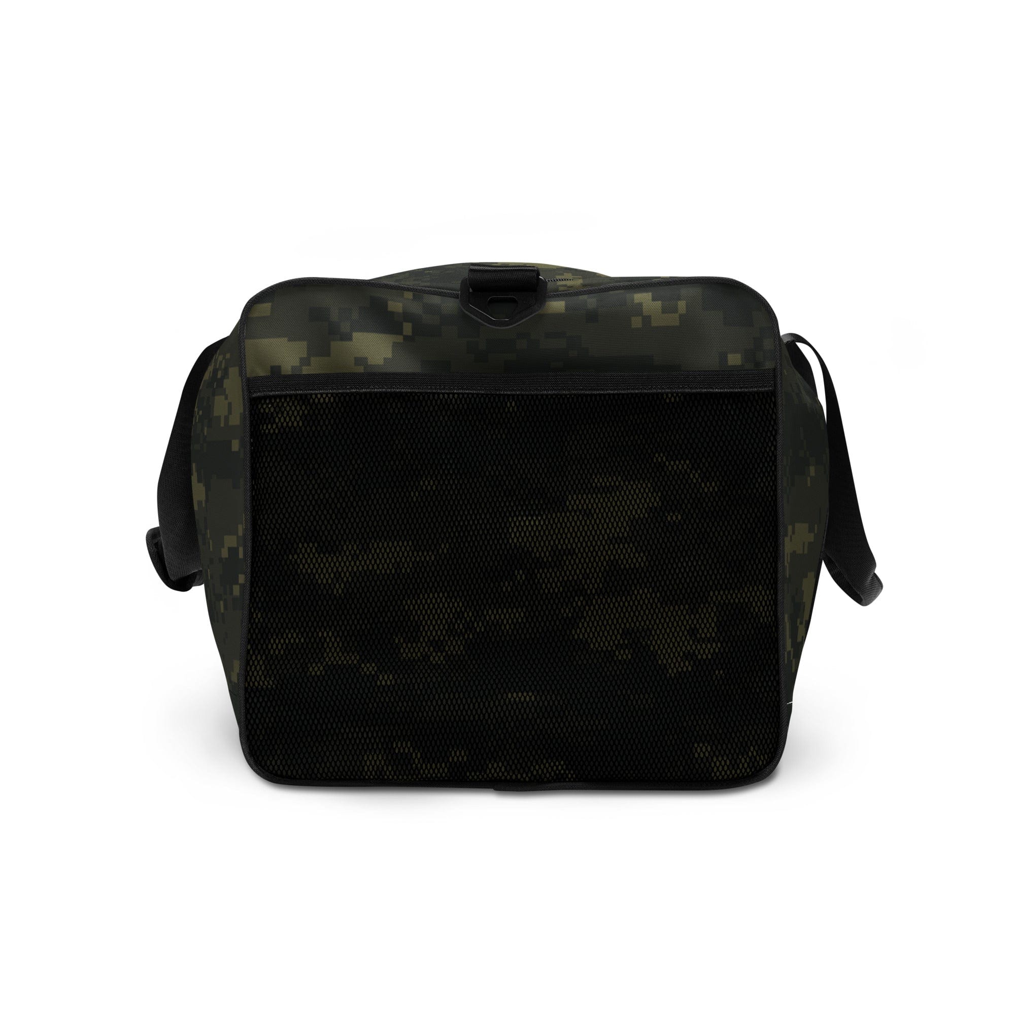 Camo duffle bag with black mesh front panel, zipper top and side carry straps