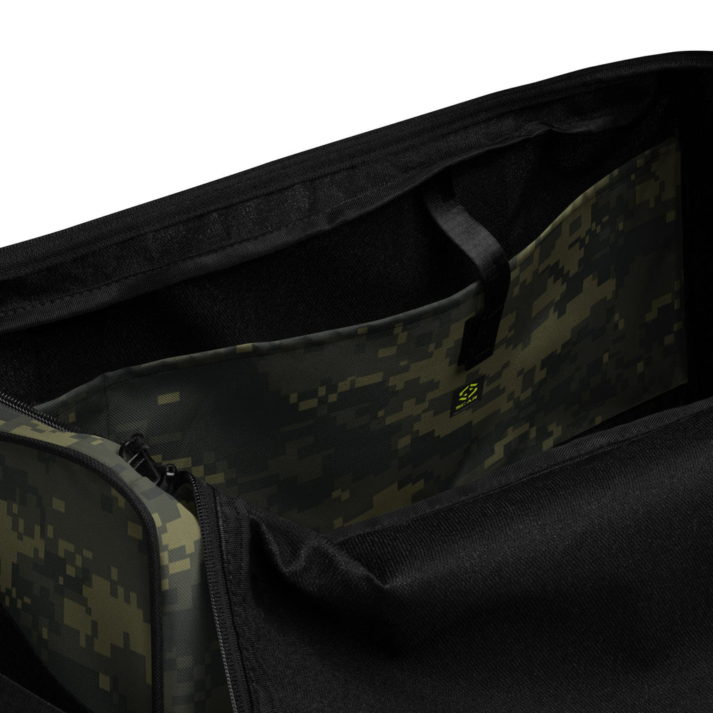 Camo duffle bag interior view through zipper opening with black lining and pocket