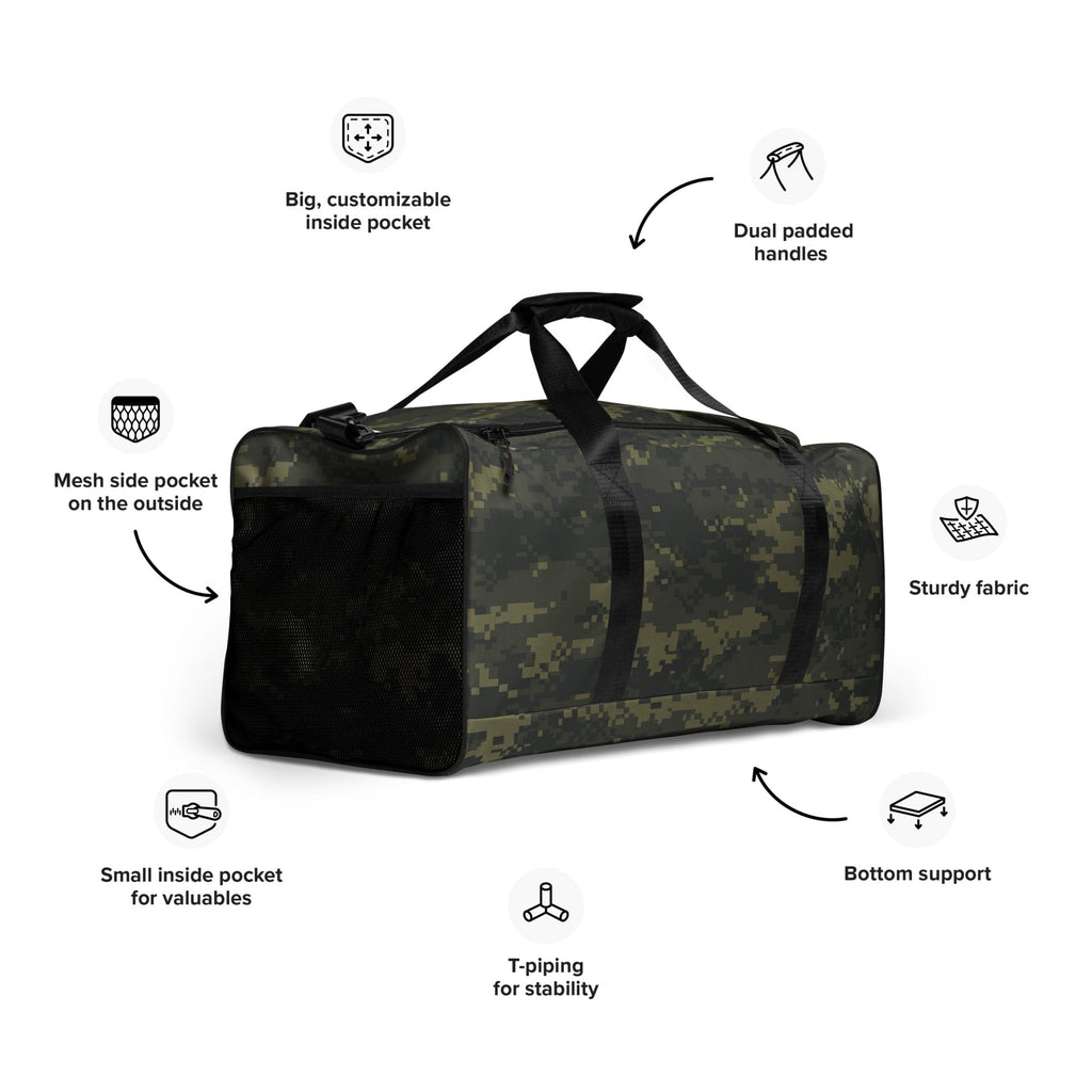 Camouflage duffle bag with exterior mesh pocket and interior compartments for gear