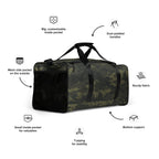 Camouflage duffle bag with exterior mesh pocket and interior compartments for gear