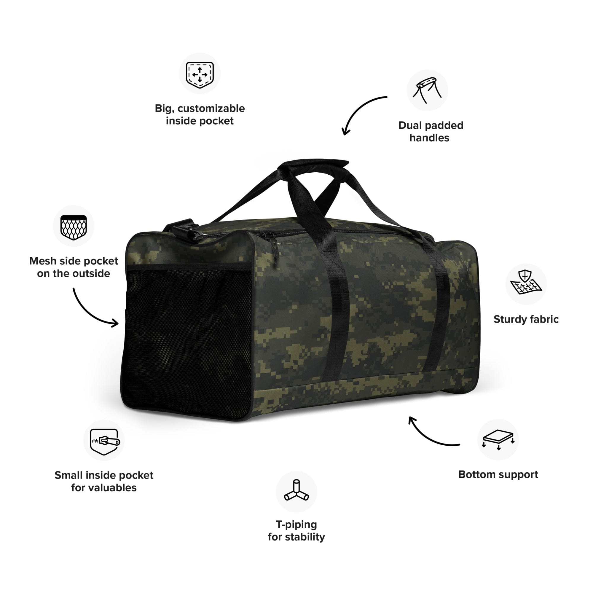 Camouflage duffle bag with exterior mesh pocket and interior compartments for gear