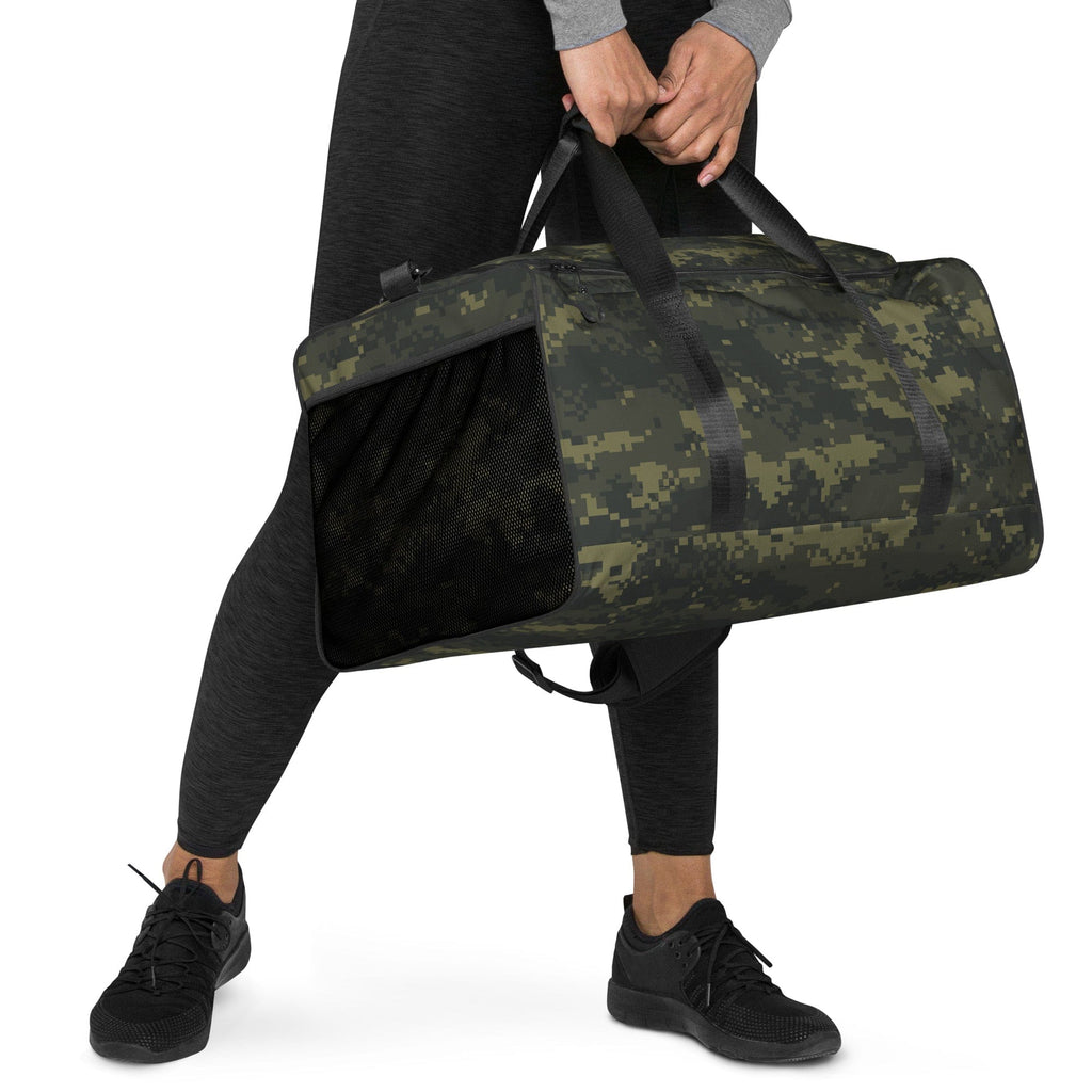 Camo green duffle bag with two top handles and side access pocket