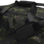 Camo duffle bag close-up of front zipper track and mesh-lined inner panel