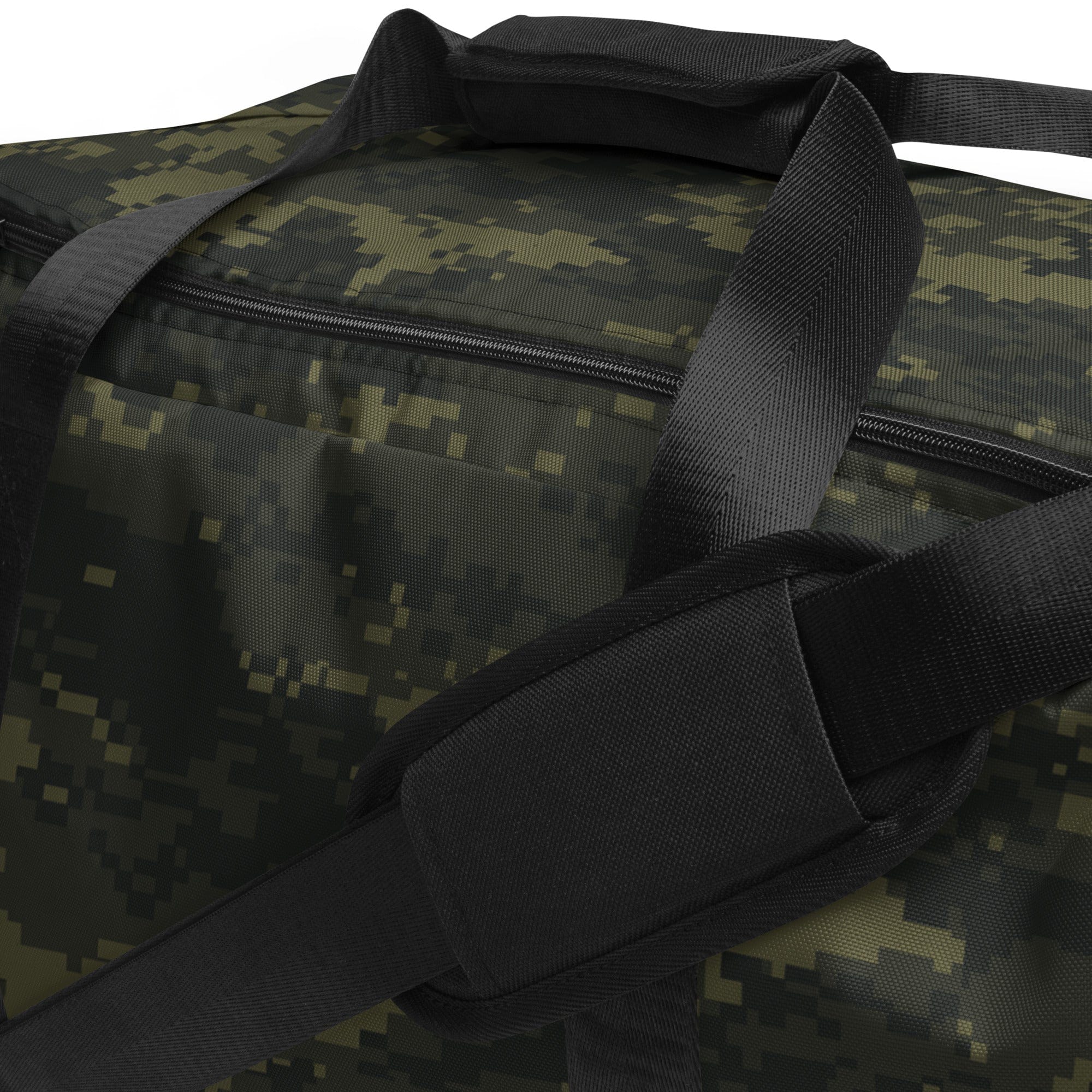 Camo duffle bag close-up of front zipper track and mesh-lined inner panel