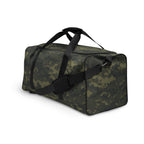 Camo green duffle bag with black webbing strap and metal buckle detail