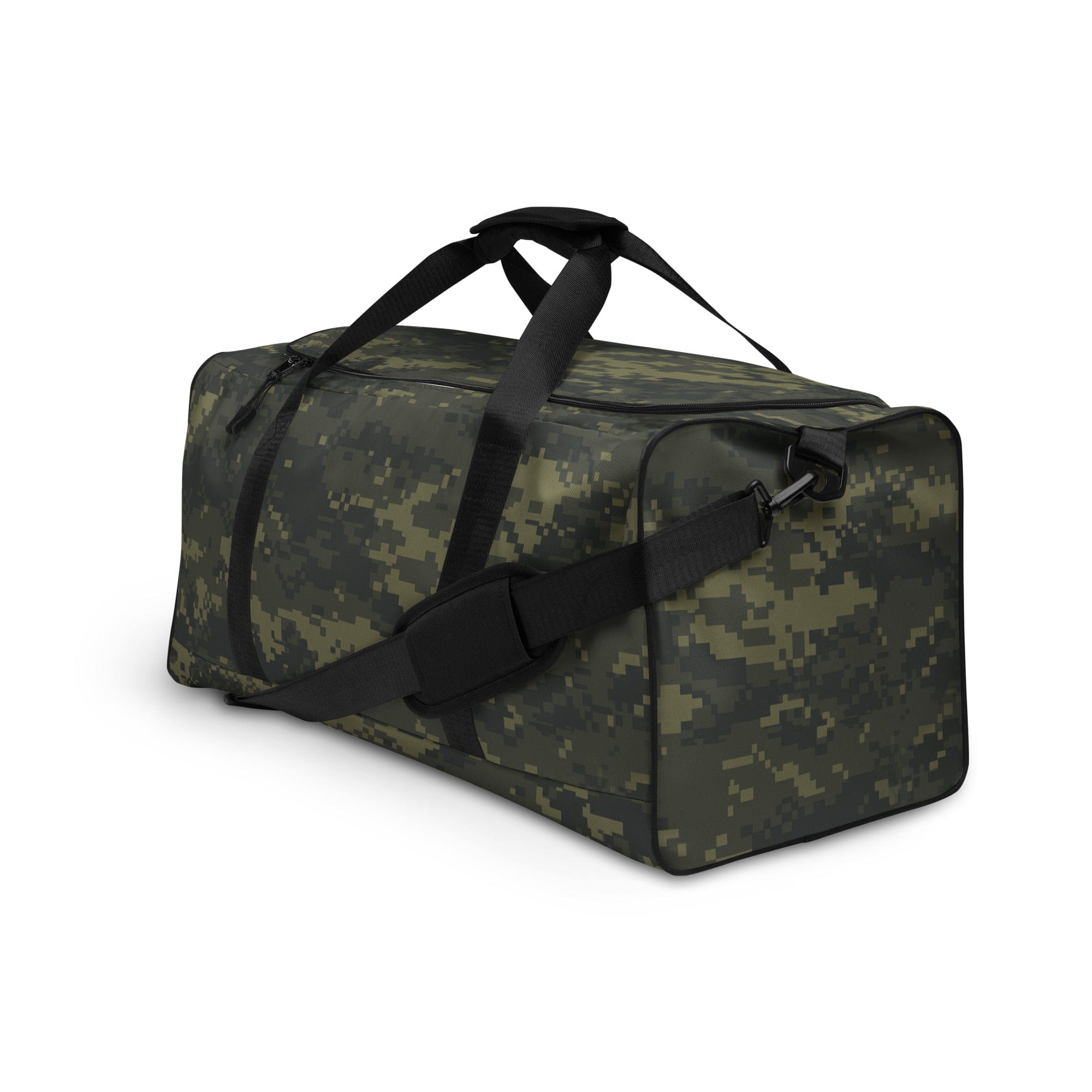 Camo green duffle bag with black webbing strap and metal buckle detail