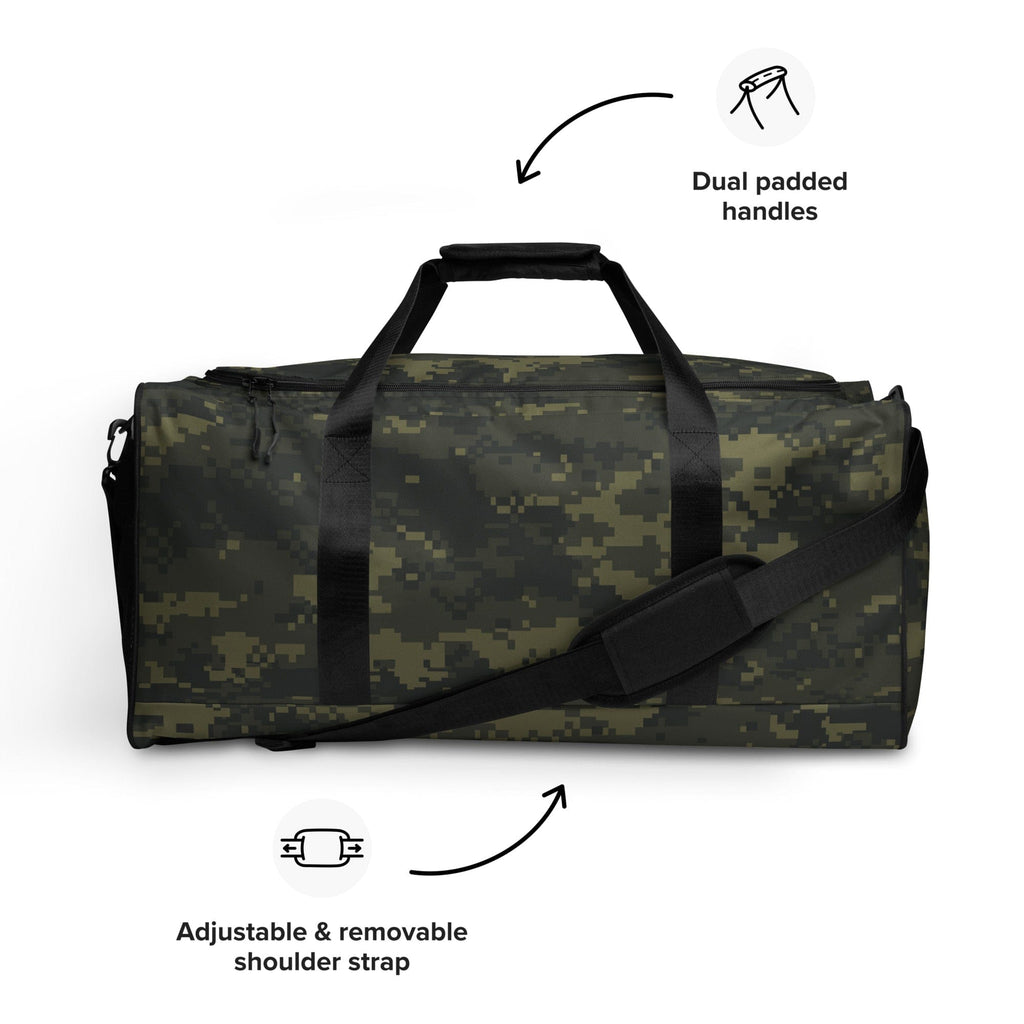 Camouflage duffle bag with dual padded handles and adjustable removable shoulder strap