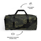 Camouflage duffle bag with dual padded handles and adjustable removable shoulder strap