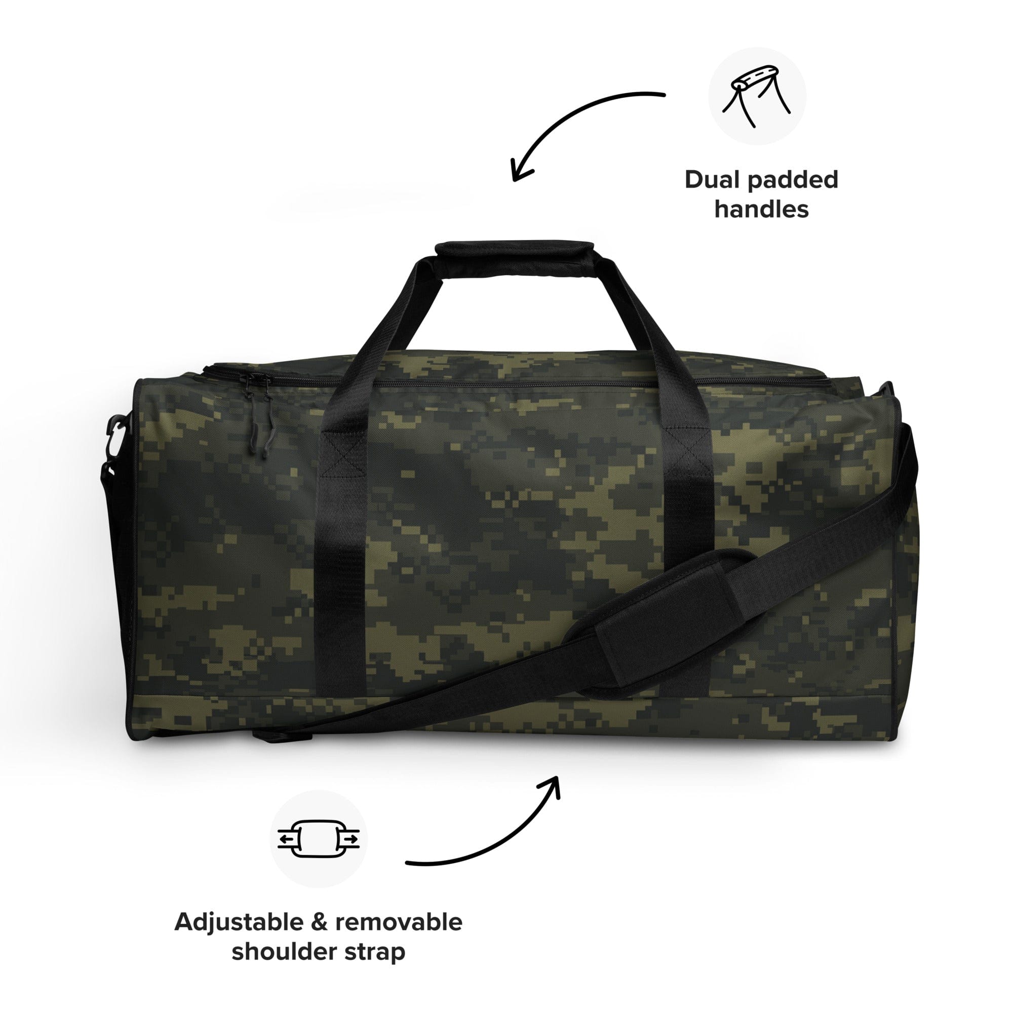 Camouflage duffle bag with dual padded handles and adjustable removable shoulder strap