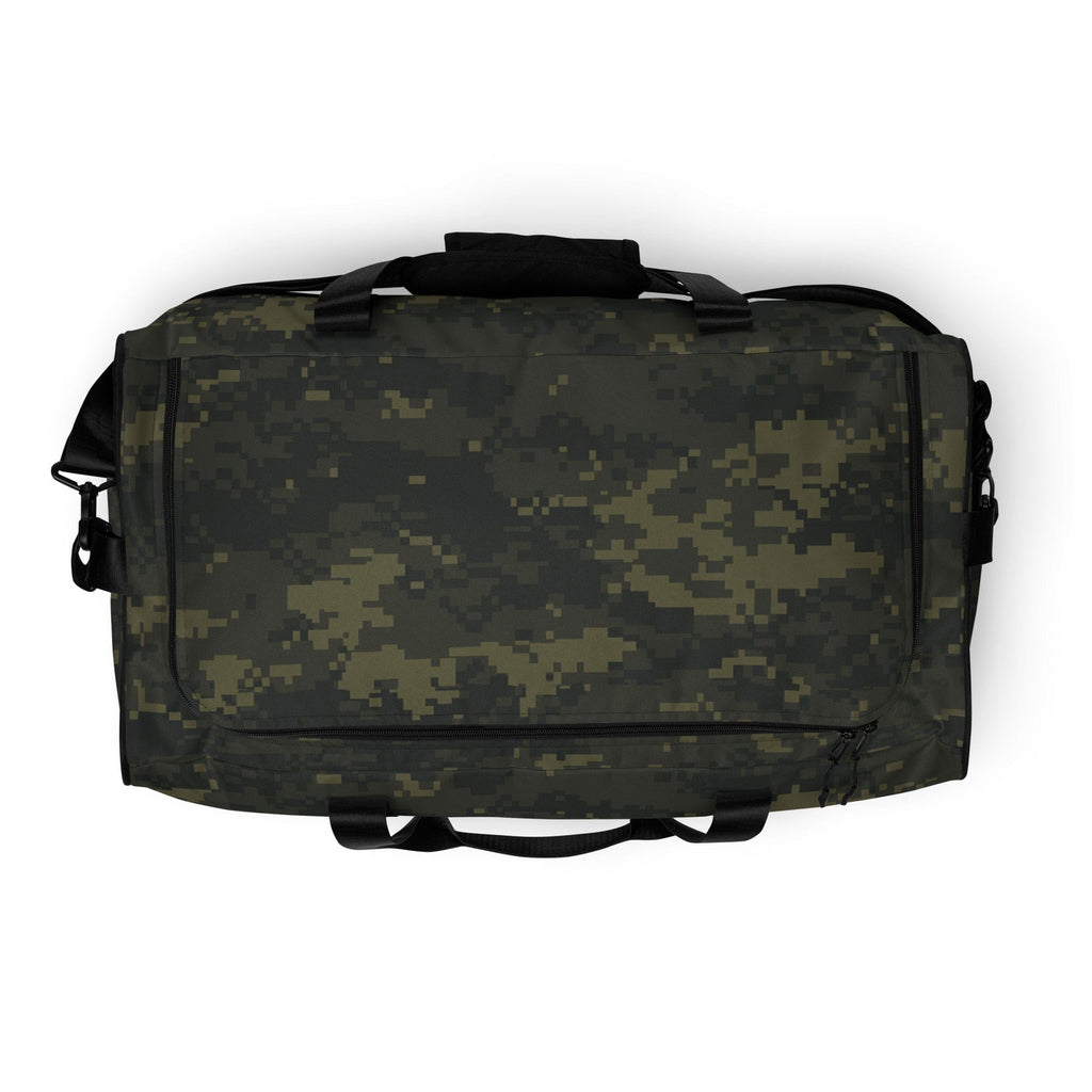 Camo green duffle bag with top carry handle, front zipper and side strap loops