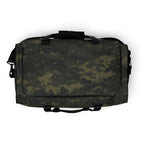 Camo green duffle bag with top carry handle, front zipper and side strap loops