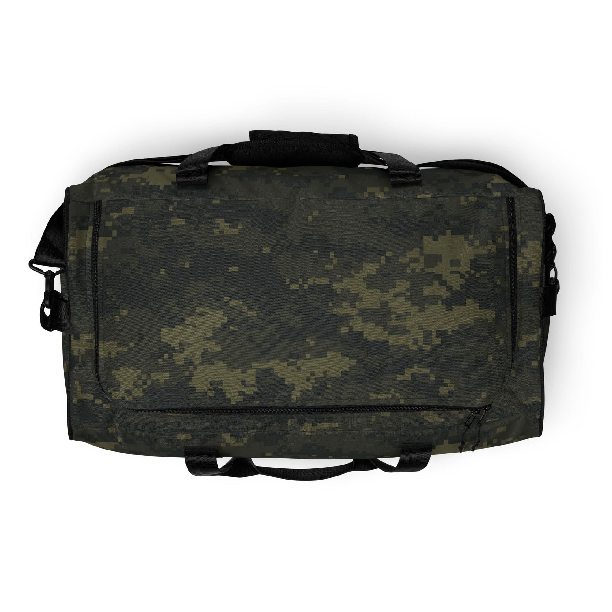 Camo green duffle bag with top carry handle, front zipper and side strap loops