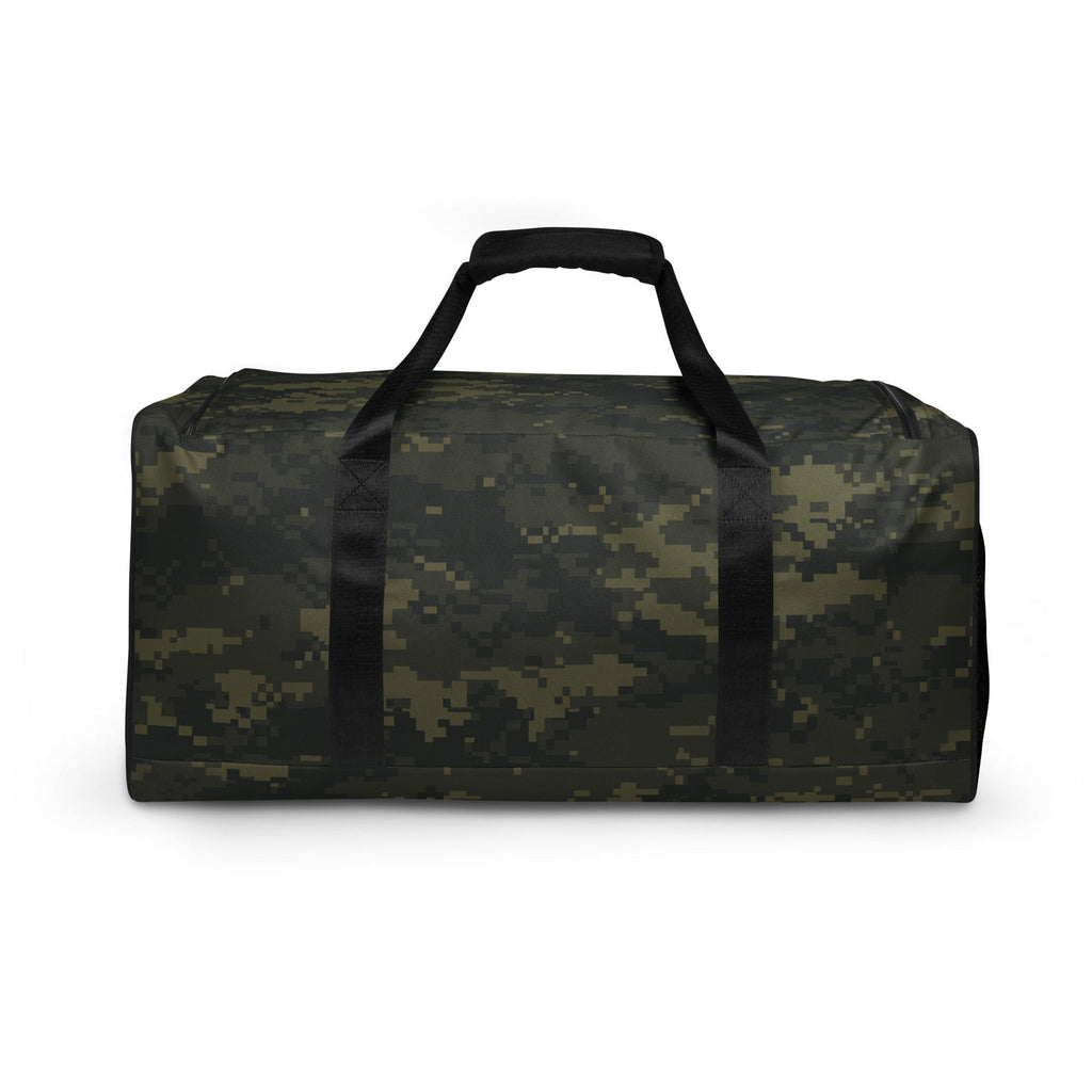 Camo green duffle bag with black top handle and cross-body webbing strap