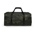 Camo green duffle bag with black top handle and cross-body webbing strap